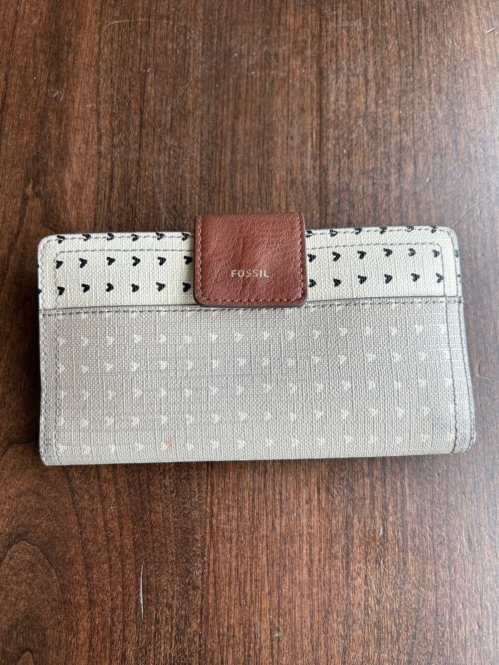 Fossil Wallet Women One Size Brown Canvas Hearts Polka Dot Slim Bifold Clutch
